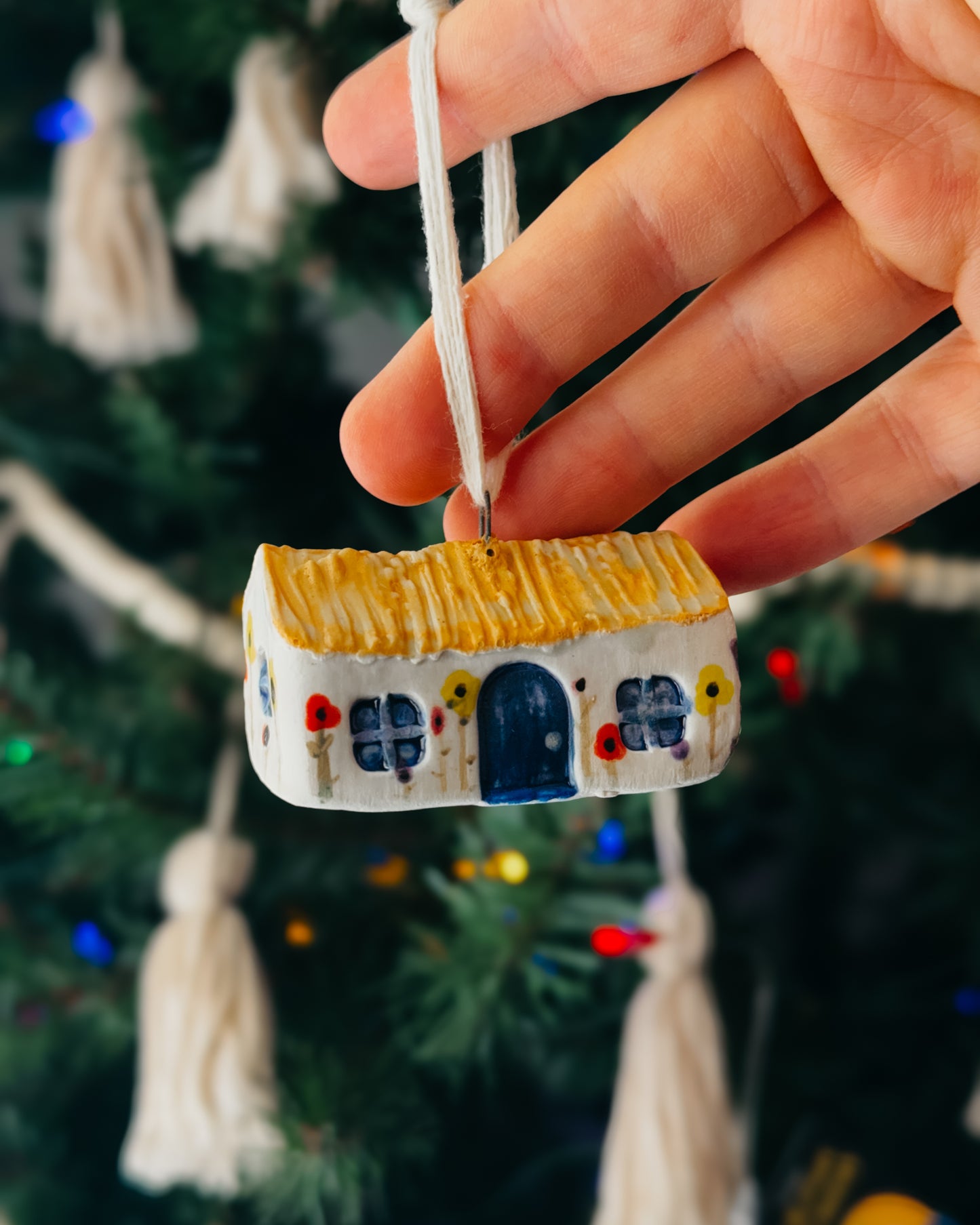 Mini Ceramic House Ornament, Yellow Roof