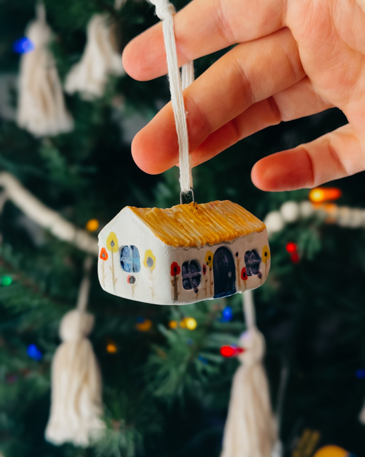 Mini Ceramic House Ornament, Yellow Roof