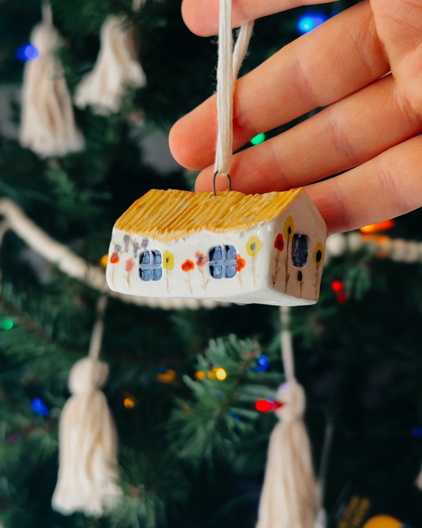 Mini Ceramic House Ornament, Yellow Roof