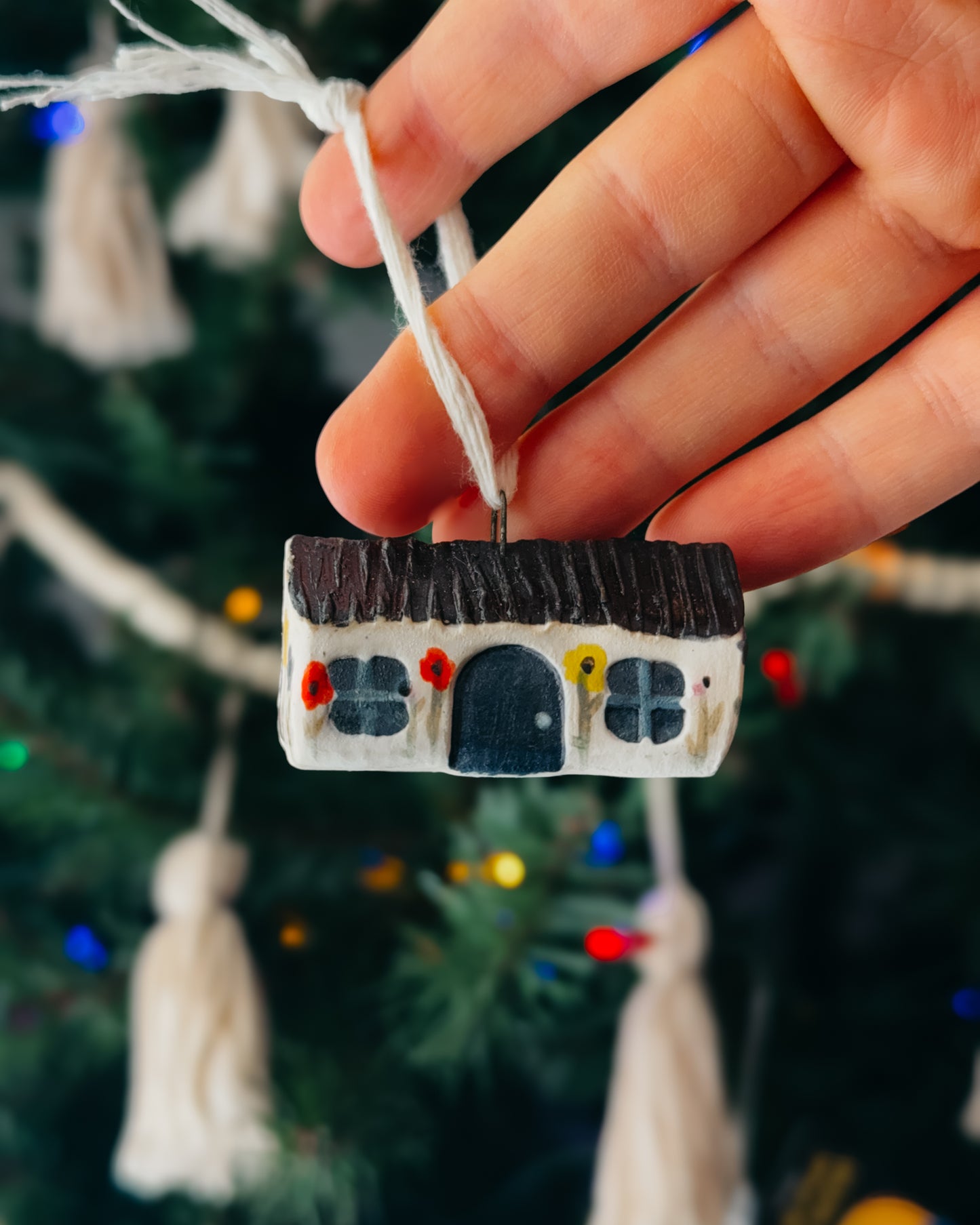 Mini Ceramic House Ornament, Black Roof