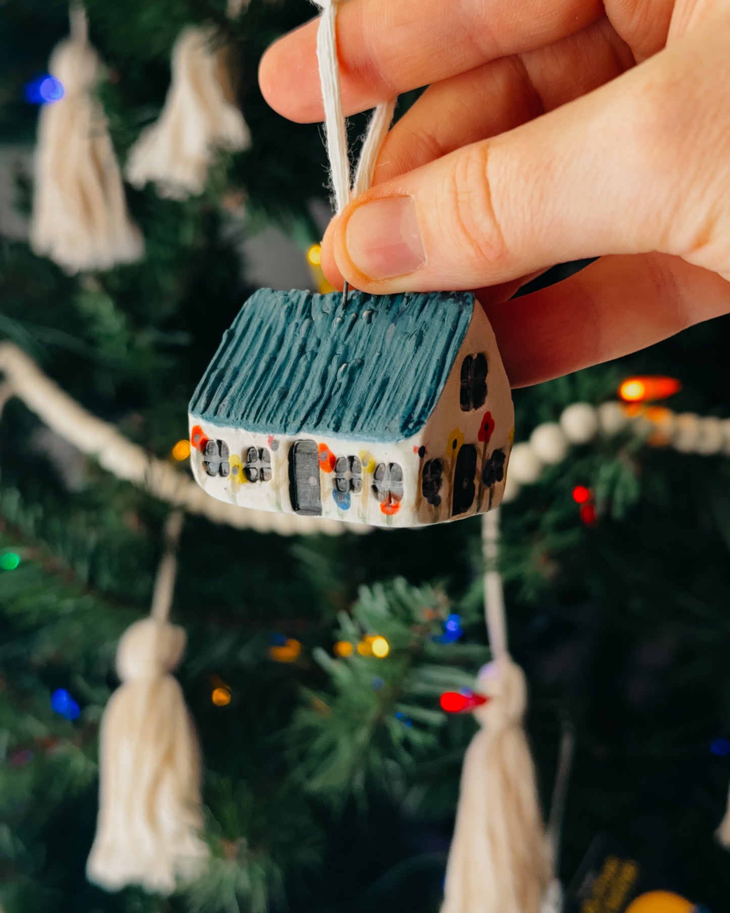 Mini Ceramic A-Frame House Ornament, Blue/Green Roof