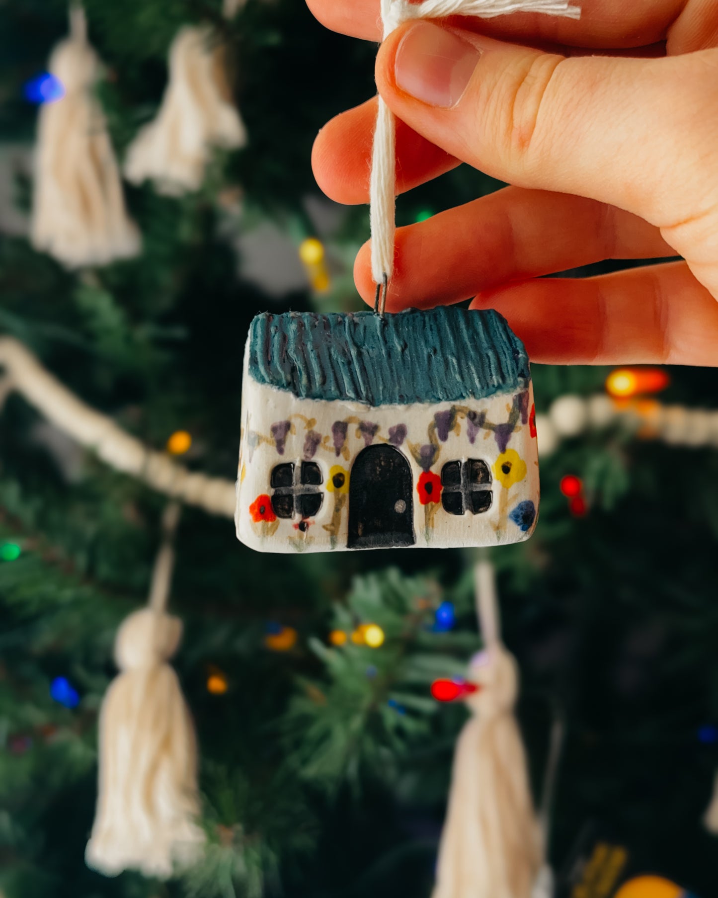 Mini Ceramic House Ornament, Blue Roof 2