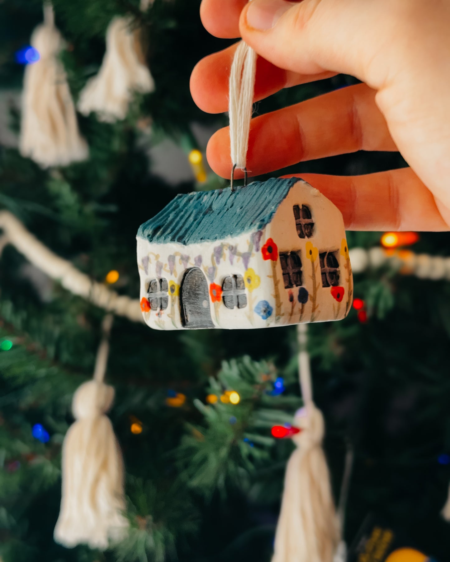 Mini Ceramic House Ornament, Blue Roof 2