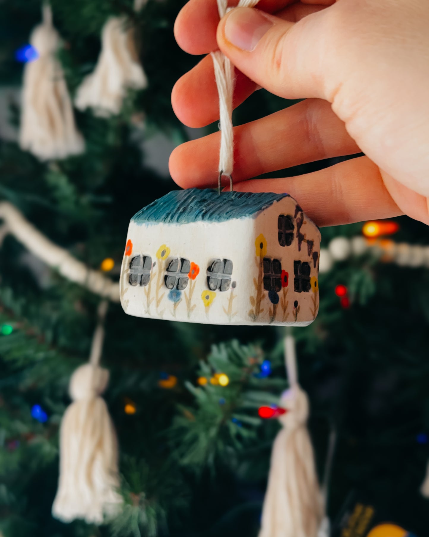 Mini Ceramic House Ornament, Blue Roof 2