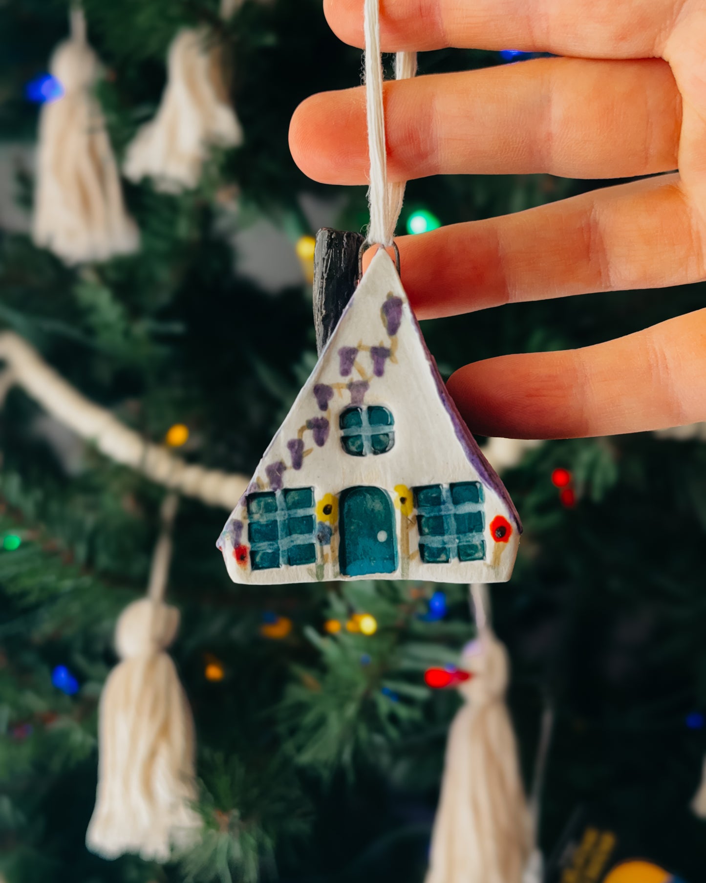 Mini Ceramic A-Frame House Ornament, Purple Roof