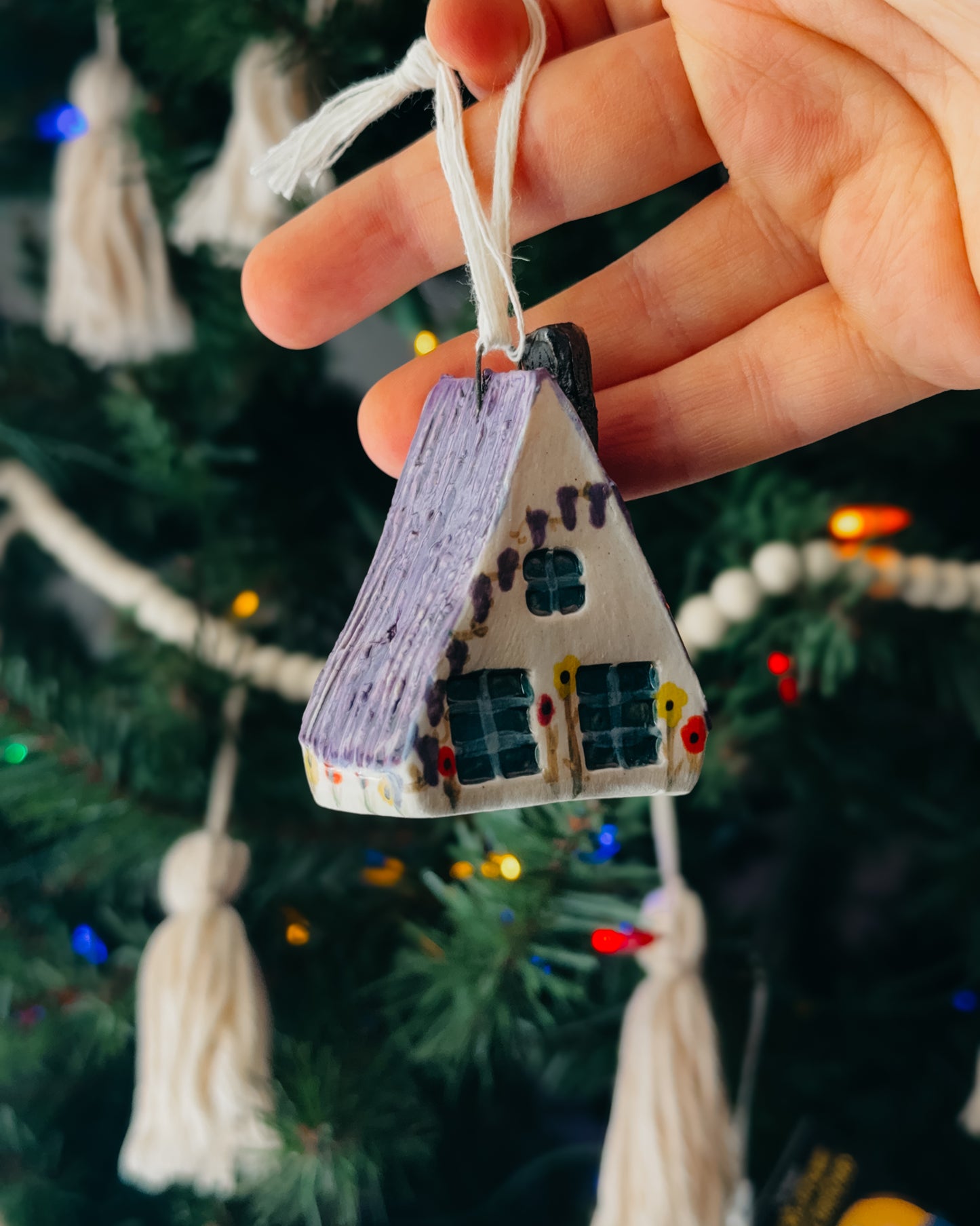 Mini Ceramic A-Frame House Ornament, Purple Roof