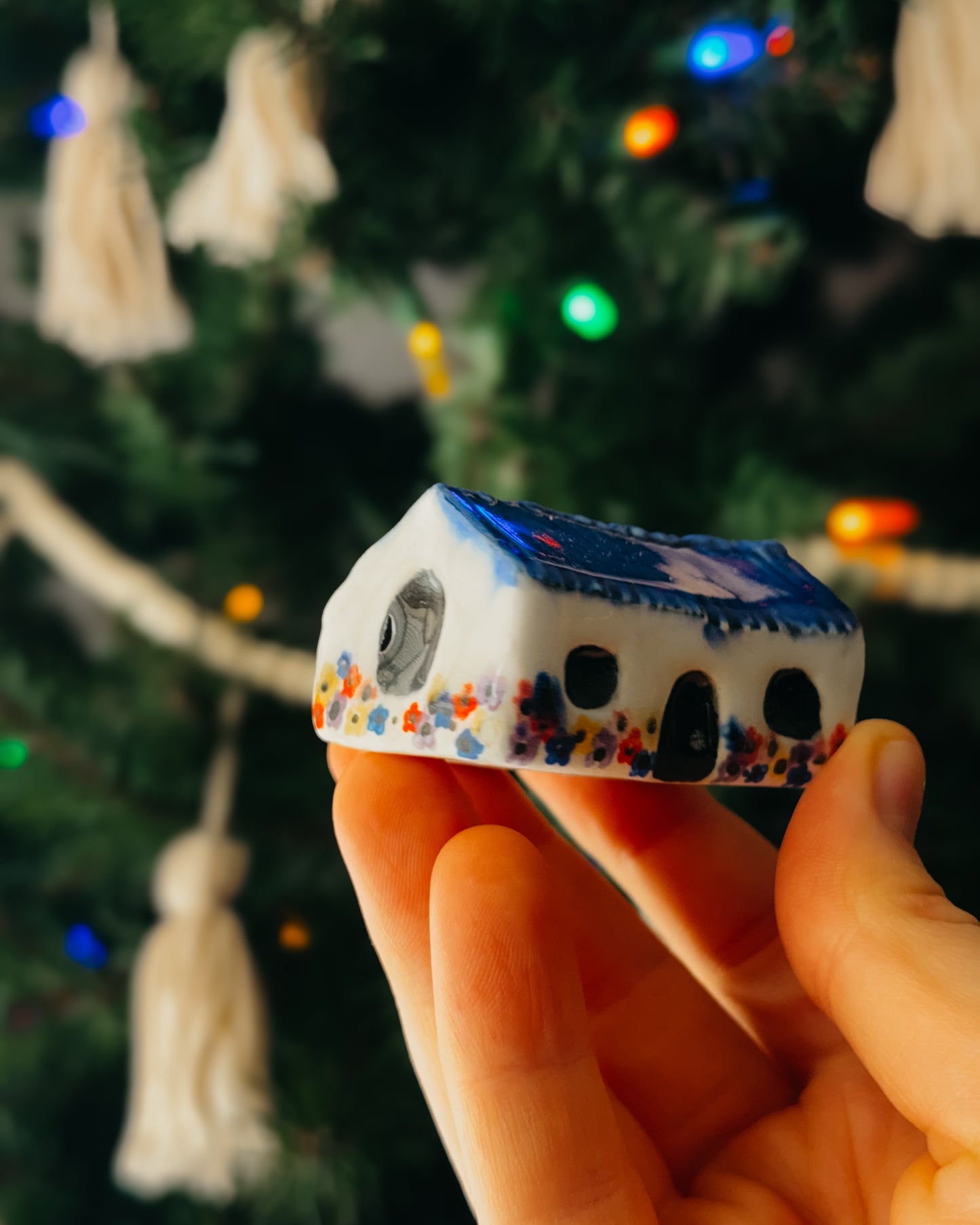 Mini Ceramic House, Blue Roof