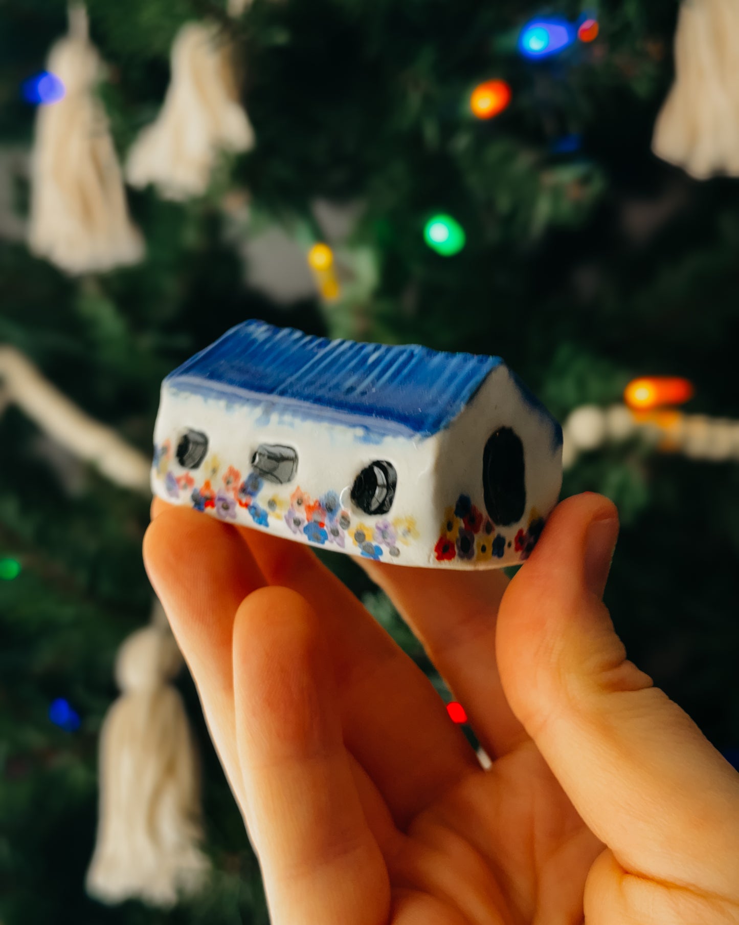 Mini Ceramic House, Blue Roof