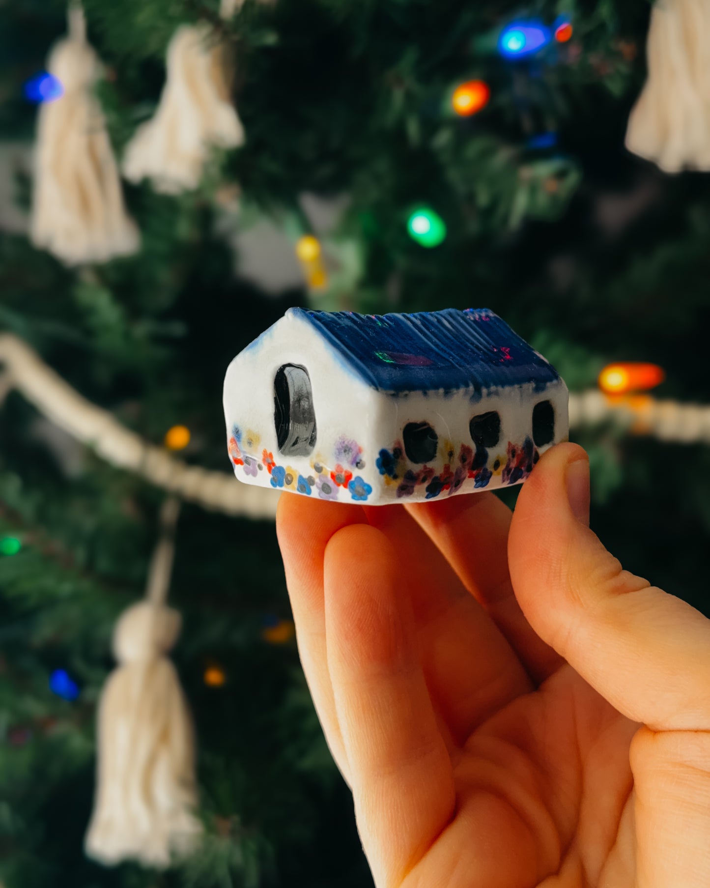 Mini Ceramic House, Blue Roof