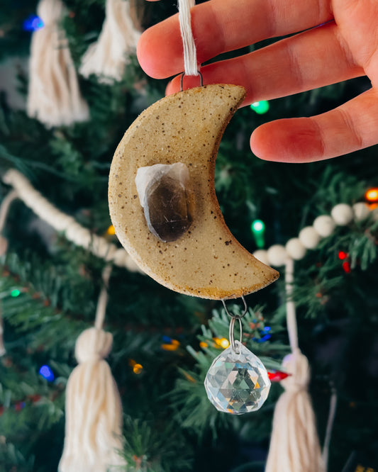 Smoky Quartz Speckled Moon Ornament with Sun Catcher, Clear