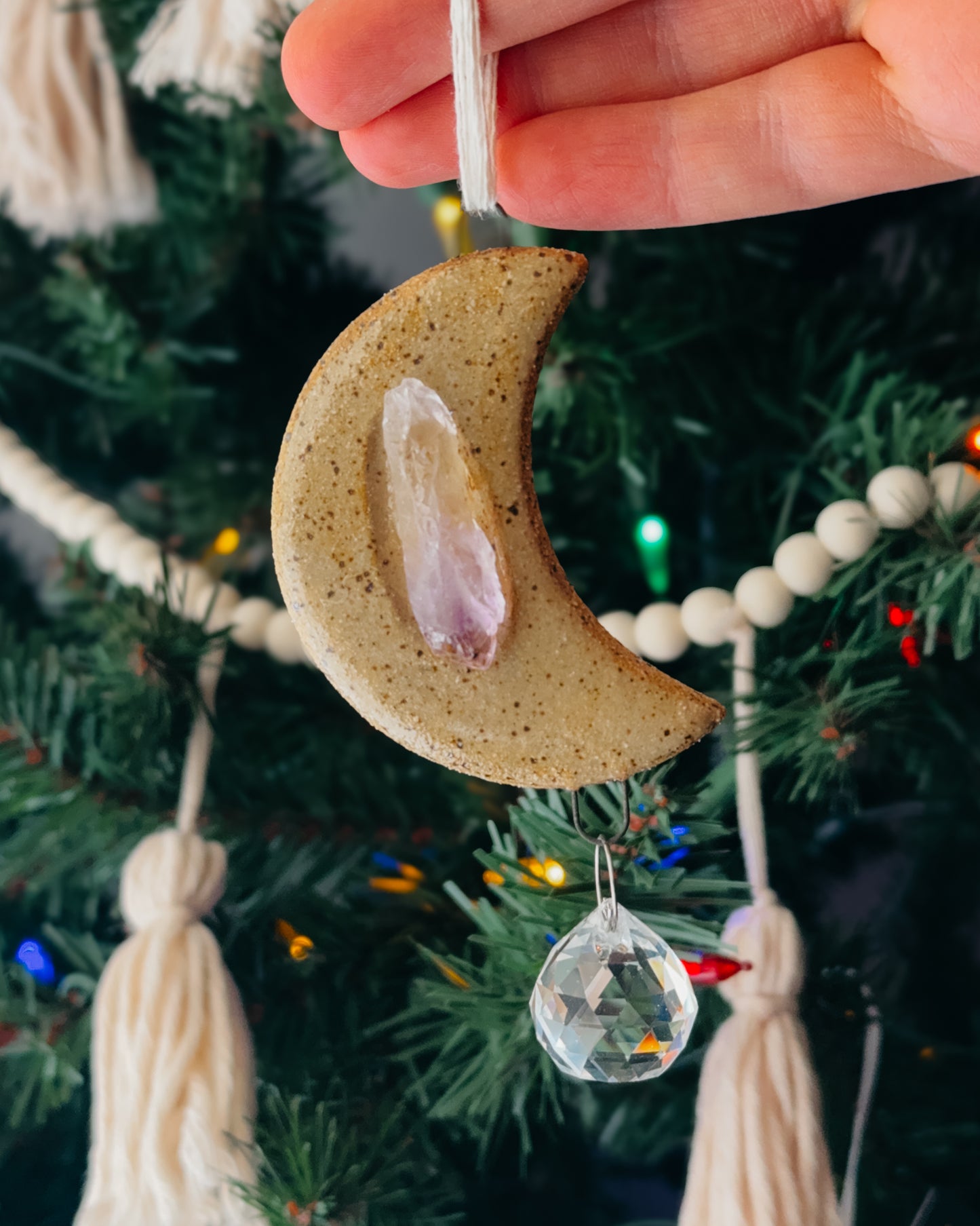 Amethyst Speckled Moon Ornament with Sun Catcher, Clear