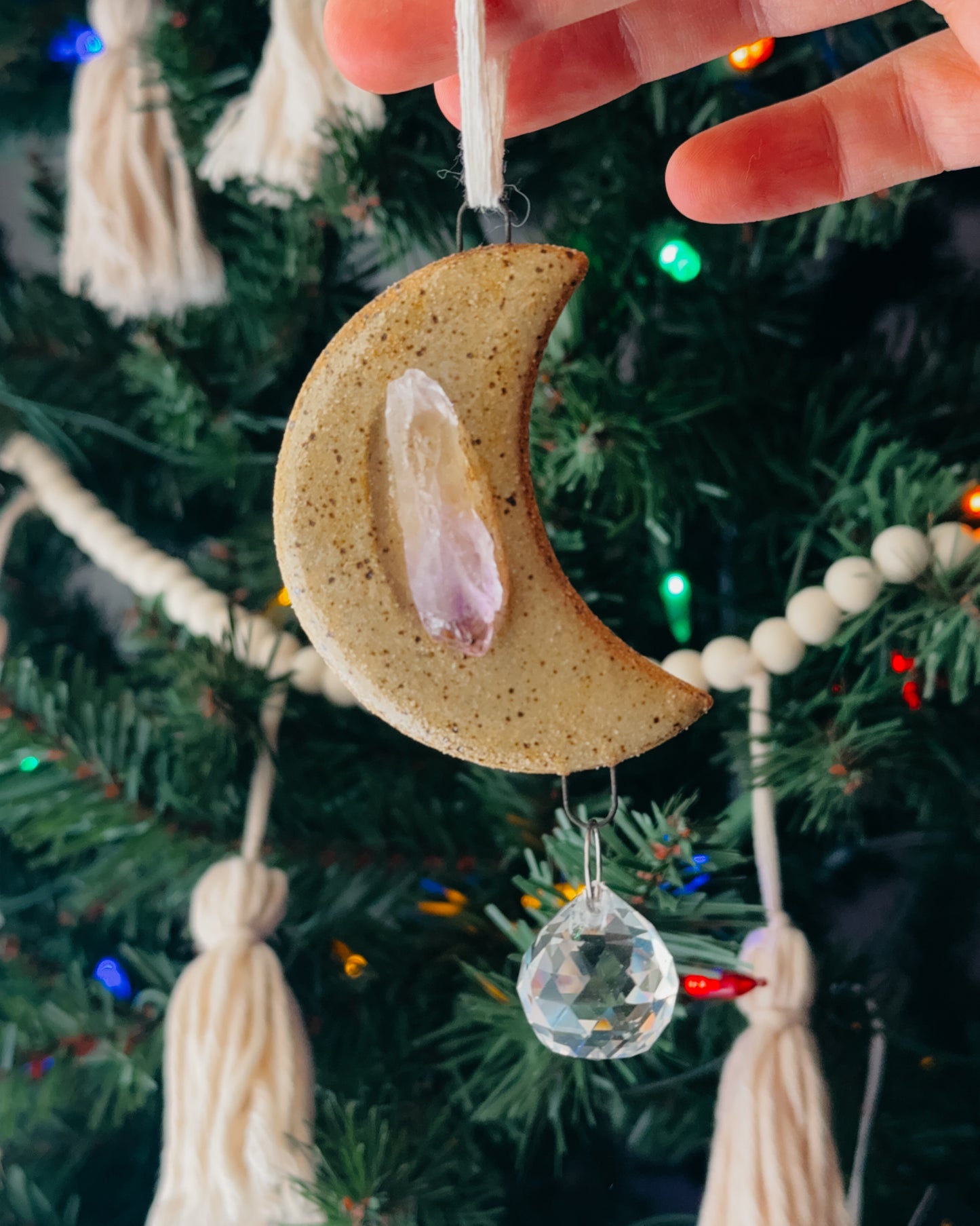 Amethyst Speckled Moon Ornament with Sun Catcher, Clear