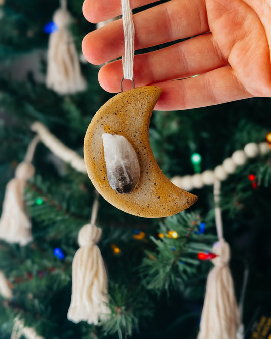 Smoky Quartz Speckled Moon Ornament, Raw