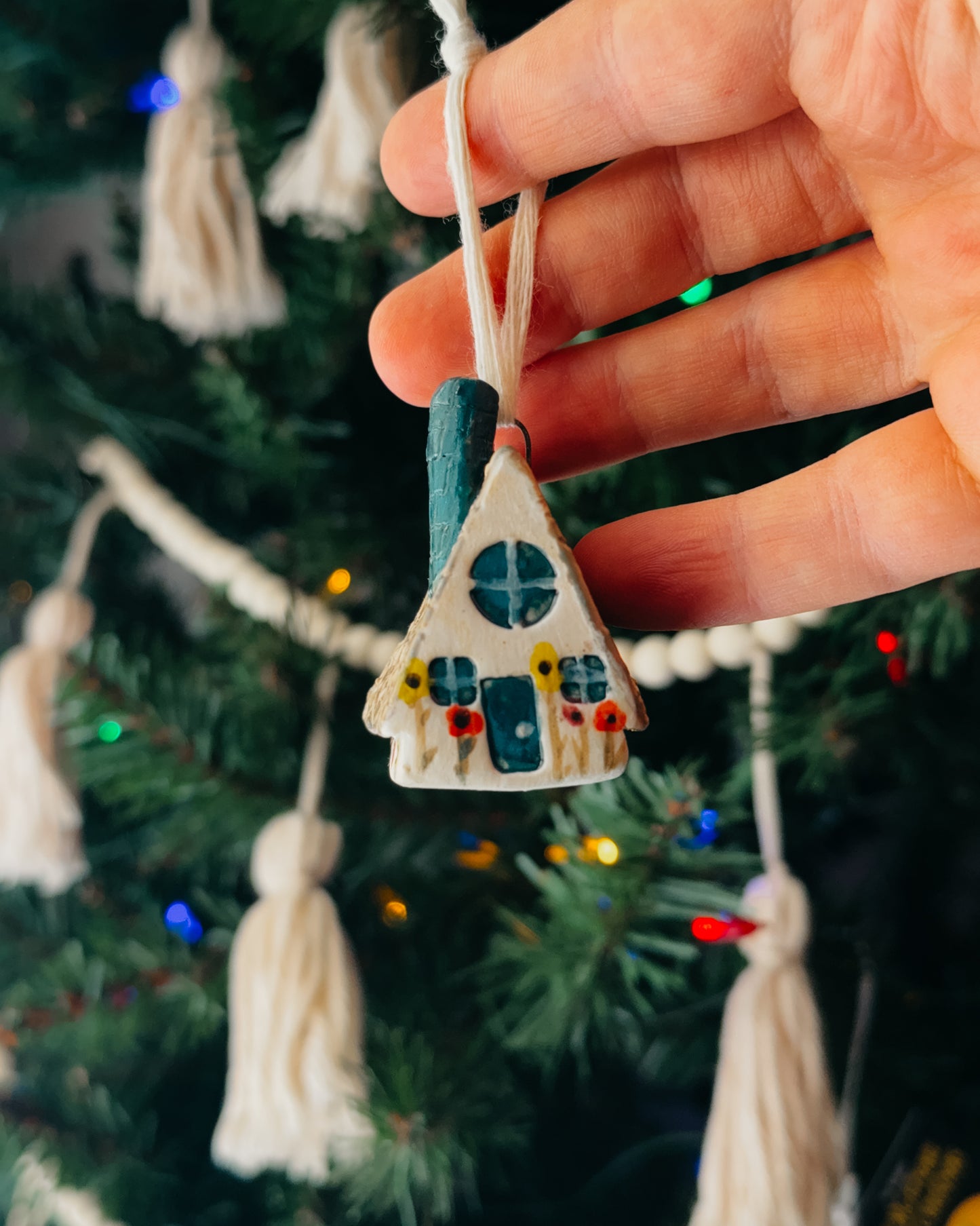 Mini Ceramic House Ornament, Light Green Roof