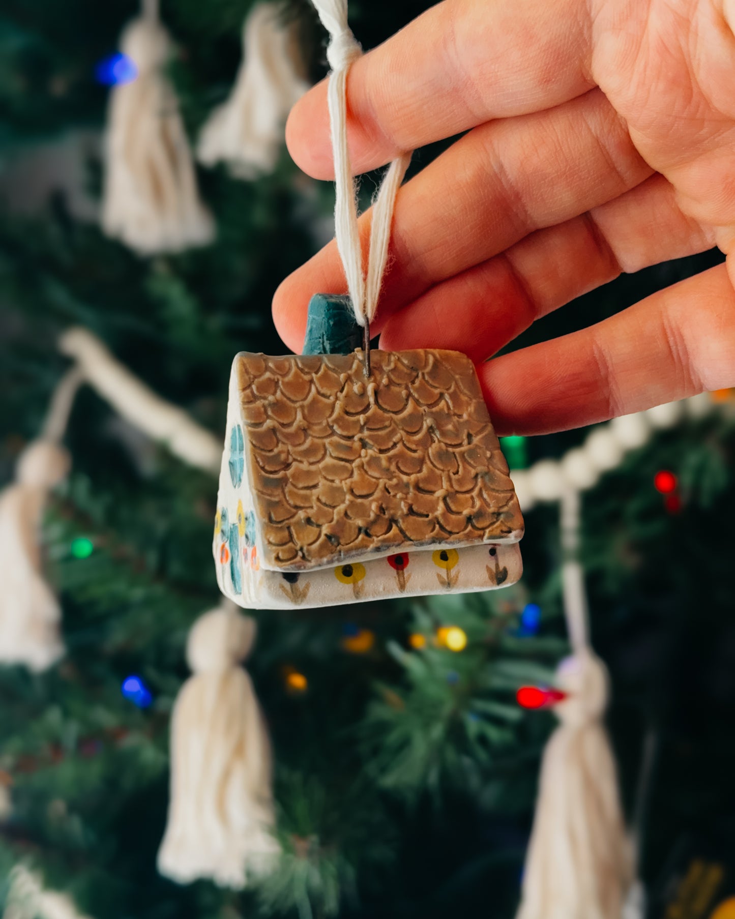 Mini Ceramic House Ornament, Light Green Roof