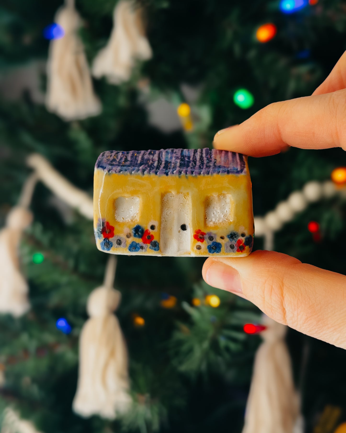 Mini Ceramic House, Yellow & Purple Roof