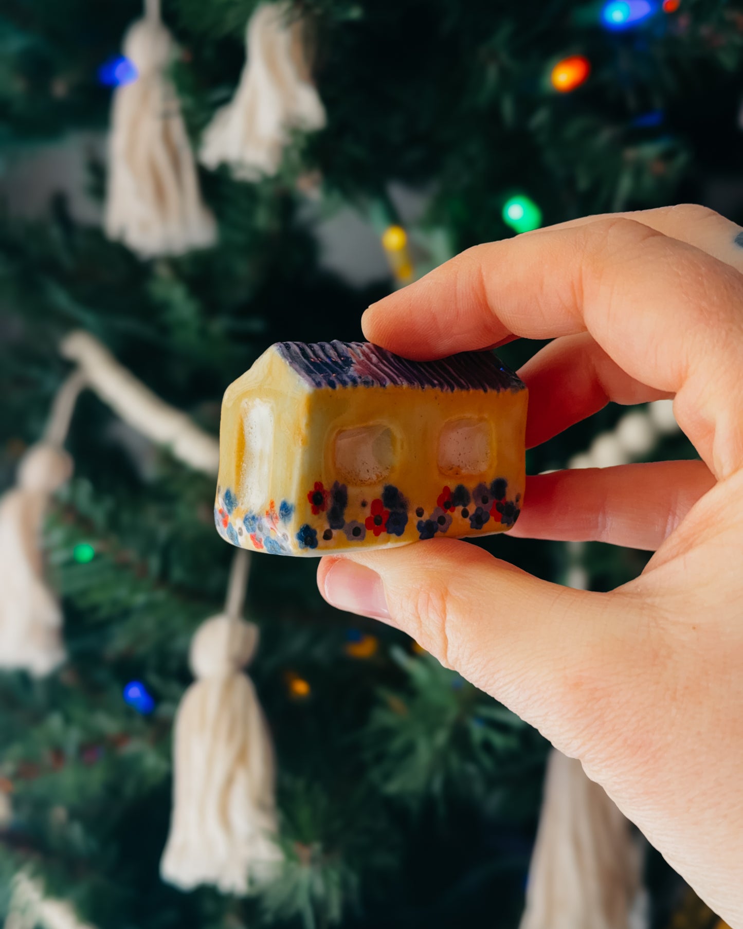 Mini Ceramic House, Yellow & Purple Roof