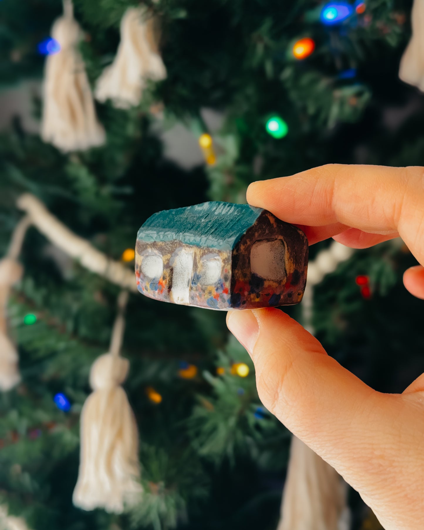 Mini Ceramic House, Brown & Green/Blue Roof