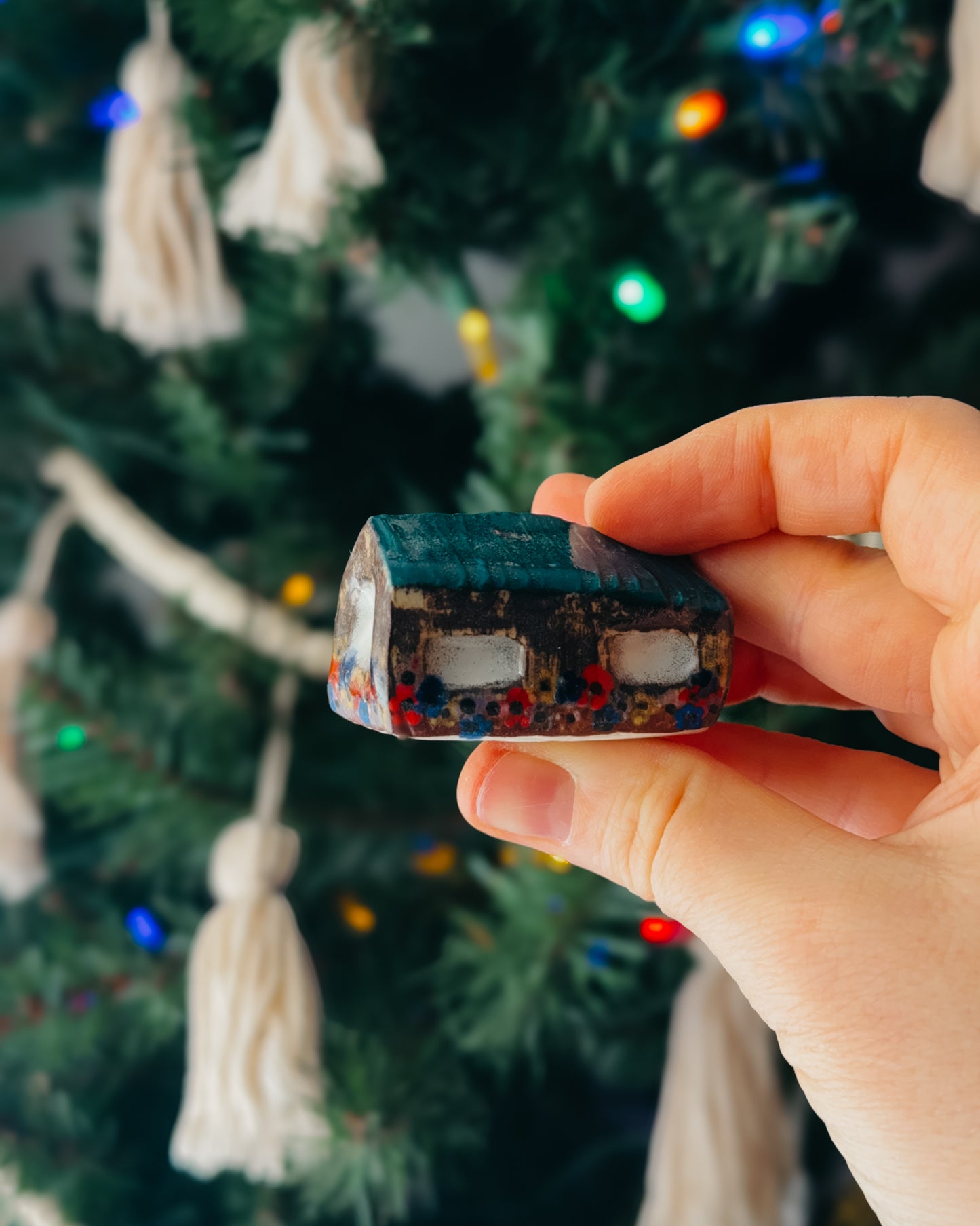 Mini Ceramic House, Brown & Green/Blue Roof