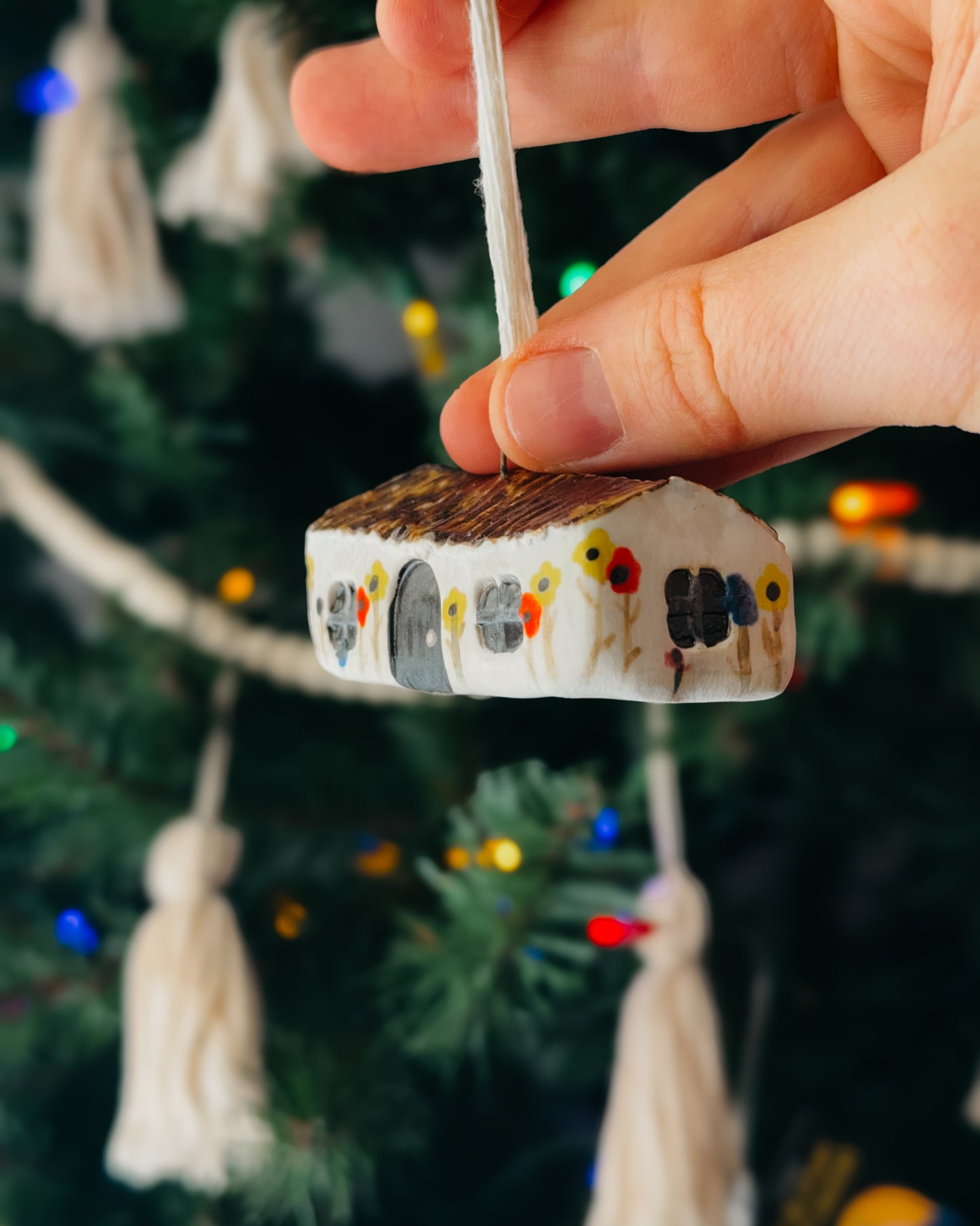 Mini Ceramic House Ornament, Straw Brown Roof