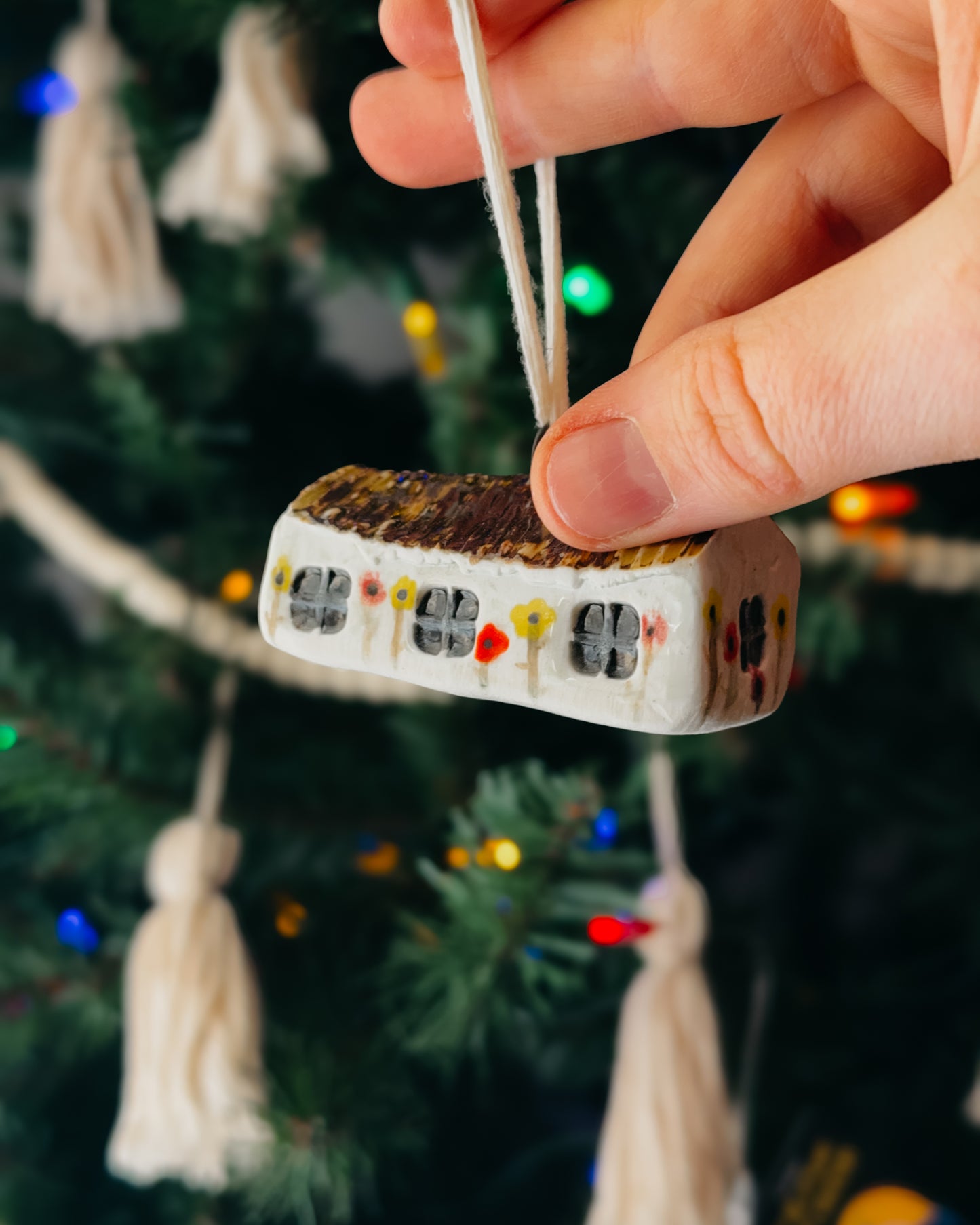 Mini Ceramic House Ornament, Straw Brown Roof